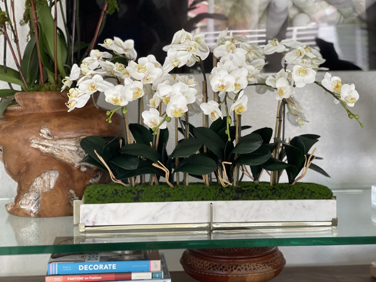 Marble tray on metal stand with mini-phaleanopsis orchid garden