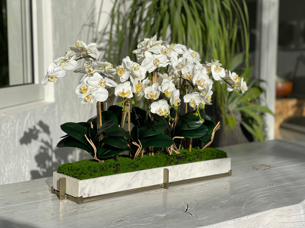 Marble tray on metal stand with mini-phaleanopsis orchid garden