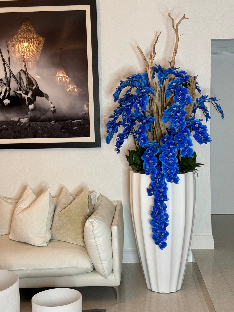 San Jose Planter in White with Cascading Blue Orchids