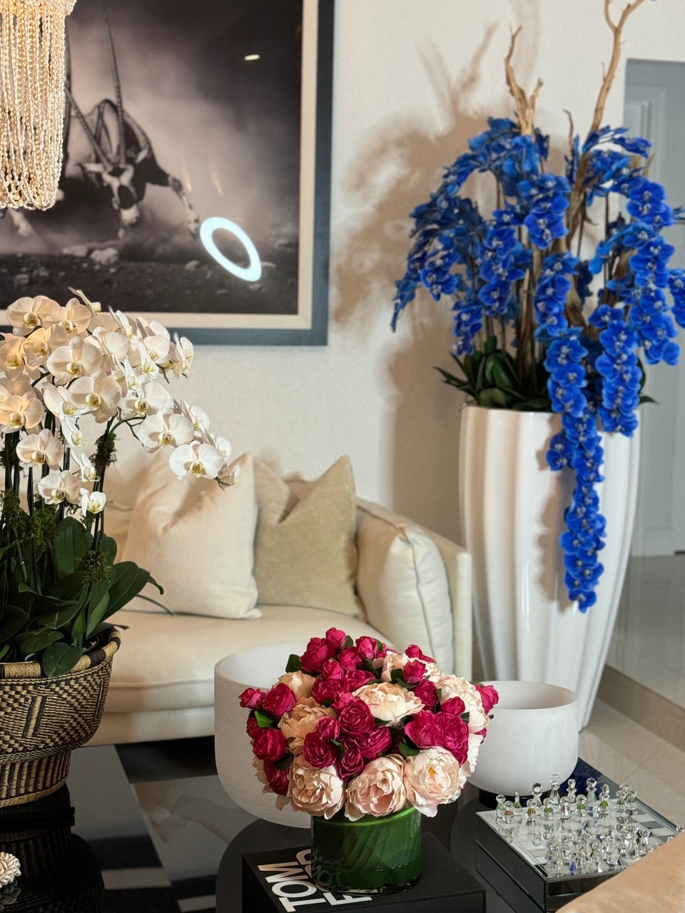 San Jose Planter in White with Cascading Blue Orchids