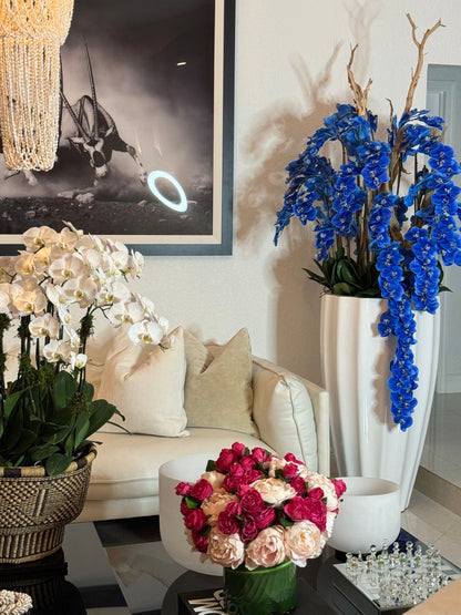 San Jose Planter in White with Cascading Blue Orchids