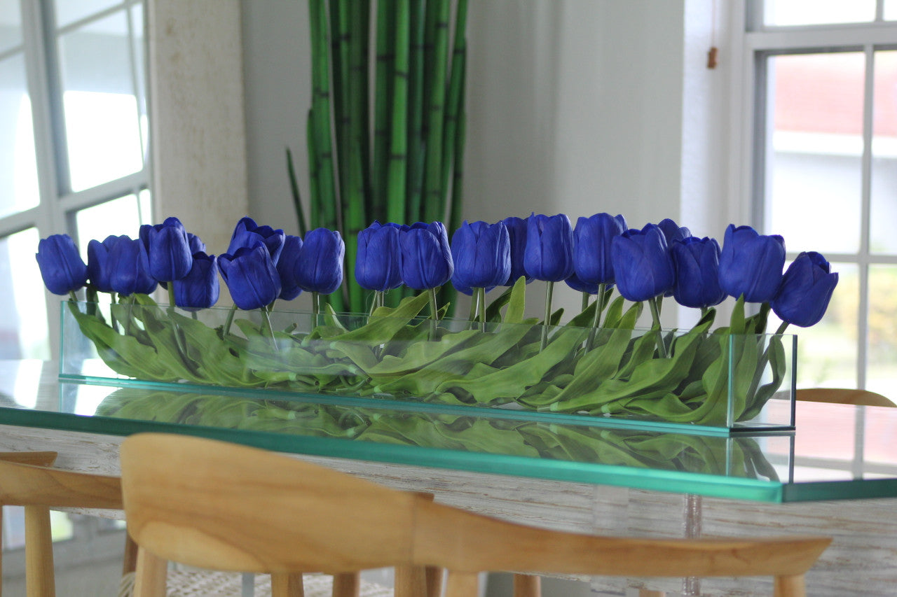 48″ Casa Moderna glass plate planter with blue tulips