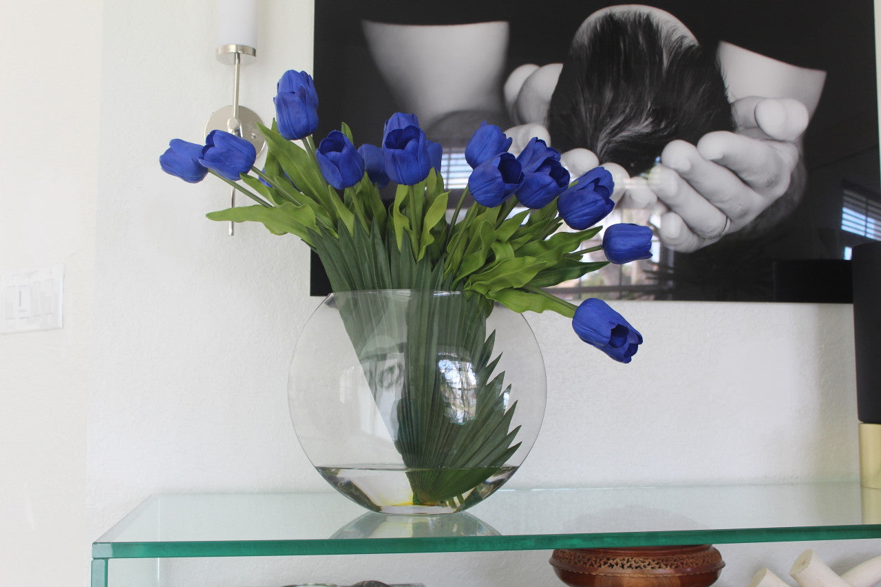 16″ Moon vase with blue tulips