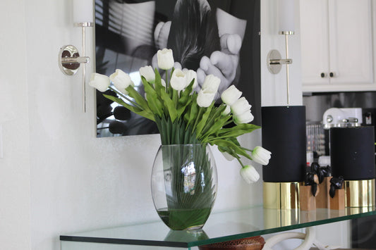 16″ Moon vase with white tulips(Out of Stock)