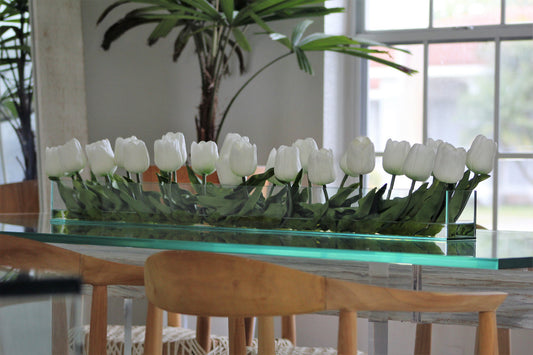 48″ Casa Moderna glass plate planter with white tulips(Out of Stock)