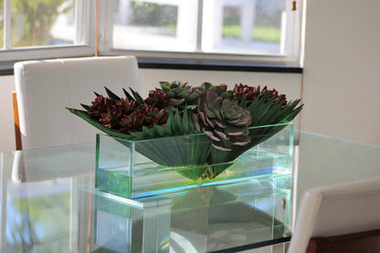 20″ Glass plate planter with mixed succulents