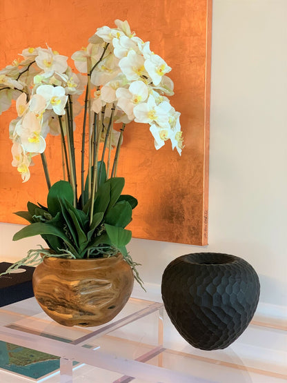 Large teak bowl with white orchids