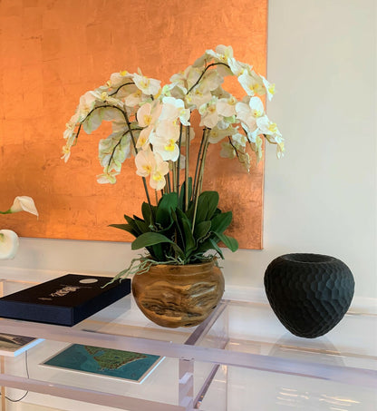 Large teak bowl with white orchids