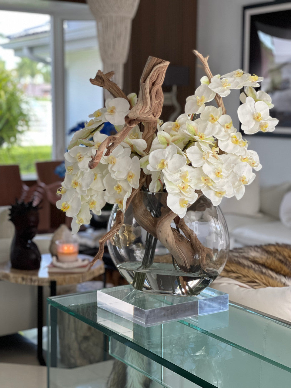 16″ Moon vase with white orchids