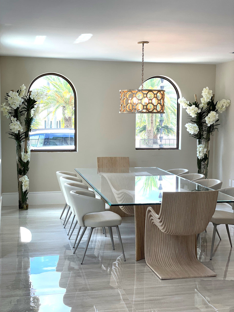 White Vanda Orchids And Driftwood Inside Oversized Tapered Glass Cylinder