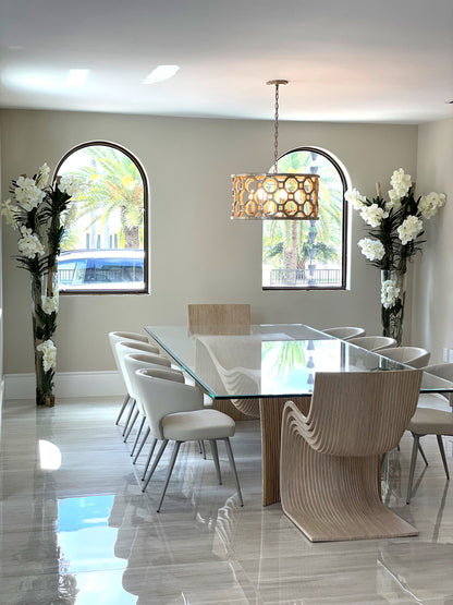 White Vanda Orchids And Driftwood Inside Oversized Tapered Glass Cylinder