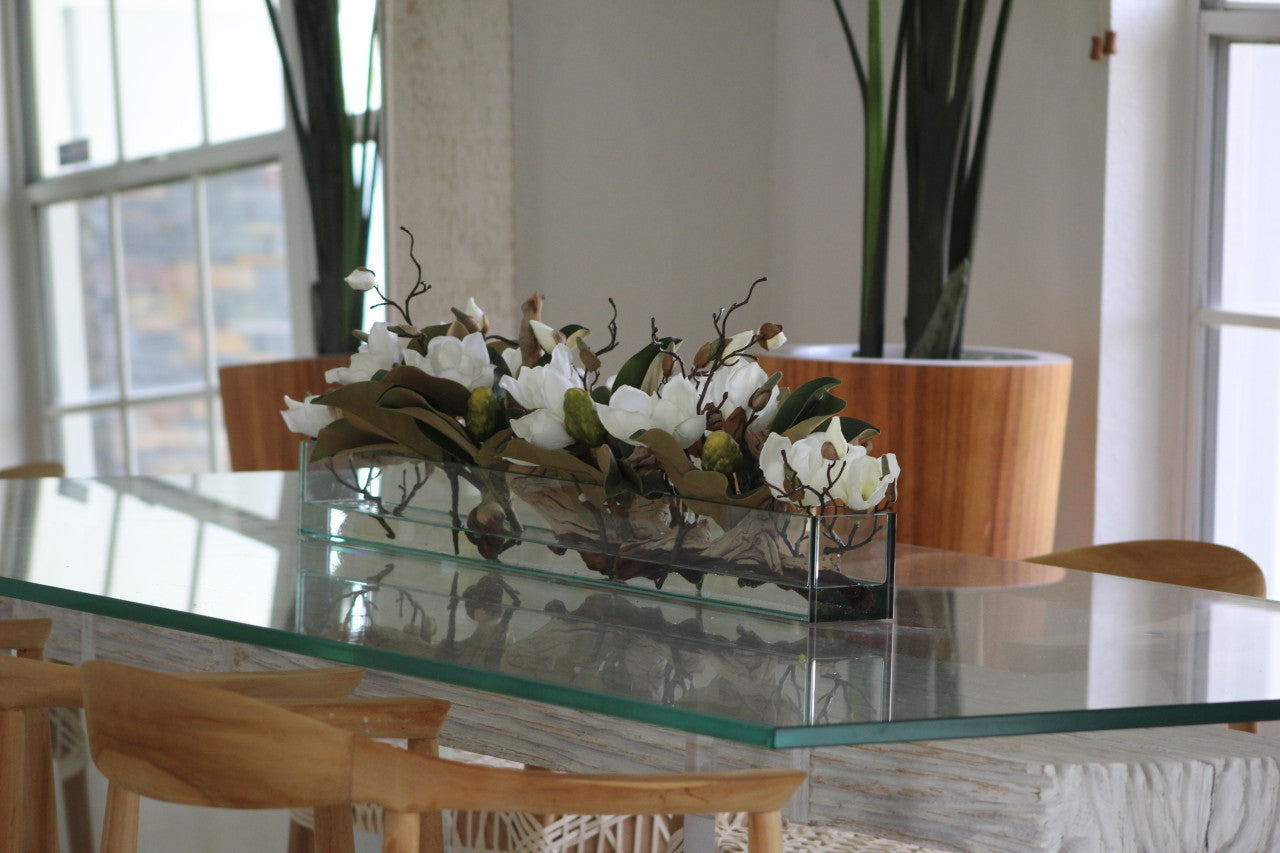 36″ Casa Moderna glass plate planter with white magnolias