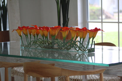 36″ Casa Moderna glass plate planter with mango callas