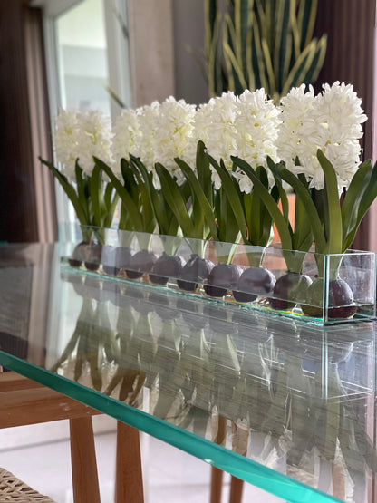 36″ Casa Moderna glass plate planter with white hyacinths