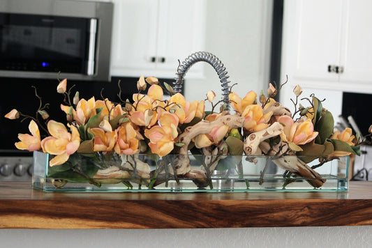 36″ Casa Moderna glass plate planter with peach magnolias