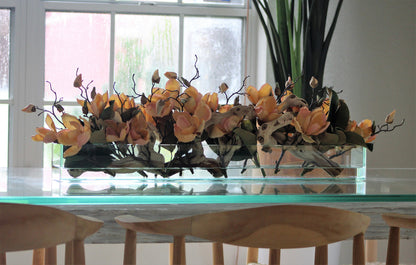 36″ Casa Moderna glass plate planter with peach magnolias