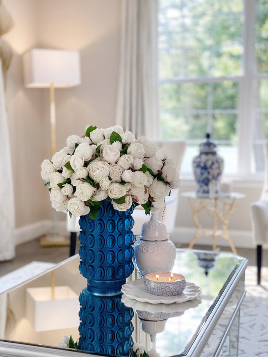 English White Roses in Blue Textured Vase