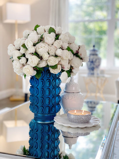 English White Roses in Blue Textured Vase