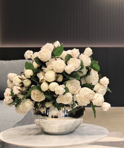 White English Roses in Mercury Glass Bowl