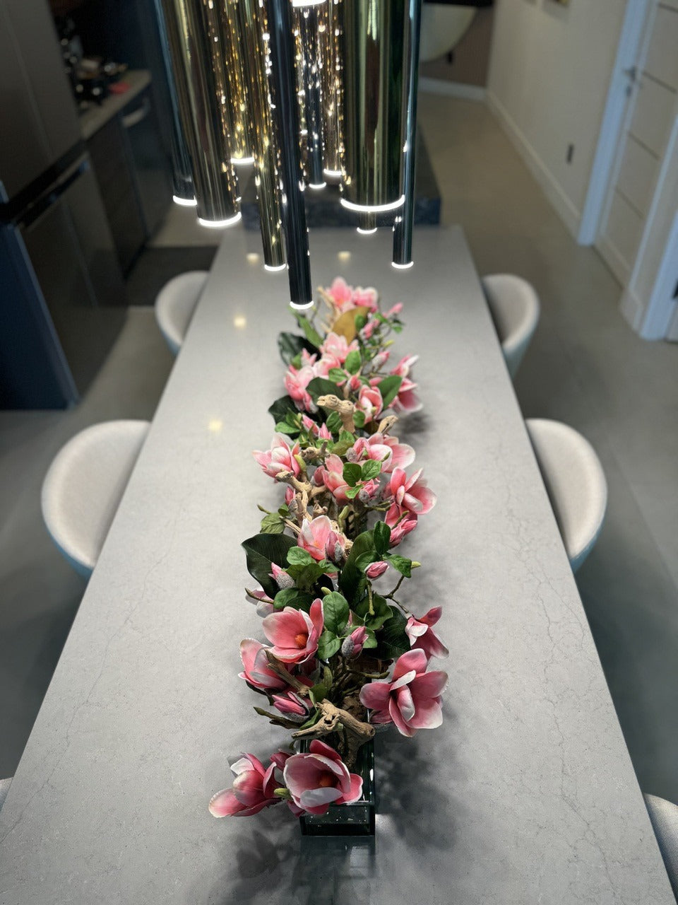 Casa Moderna Glass Planter with Bright Pink Magnolias and Driftwood