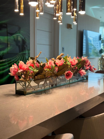 Casa Moderna Glass Planter with Bright Pink Magnolias and Driftwood