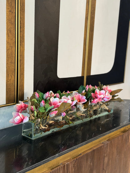 Casa Moderna Glass Planter with Bright Pink Magnolias and Driftwood