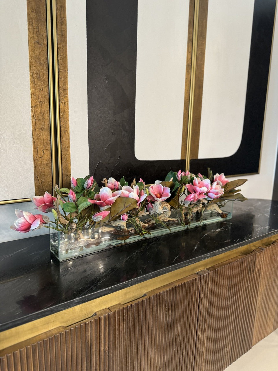 Casa Moderna Glass Planter with Bright Pink Magnolias and Driftwood