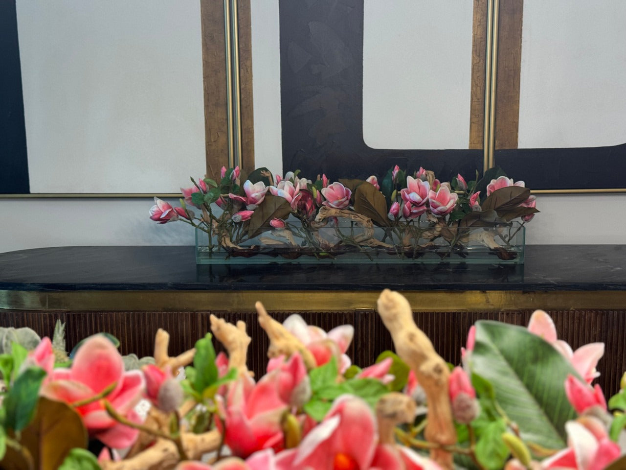 Casa Moderna Glass Planter with Bright Pink Magnolias and Driftwood