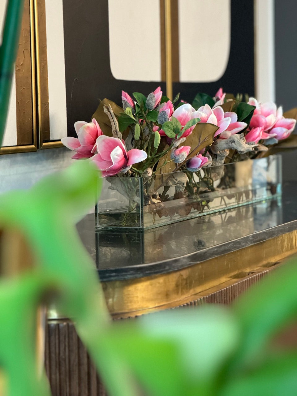 Casa Moderna Glass Planter with Bright Pink Magnolias and Driftwood