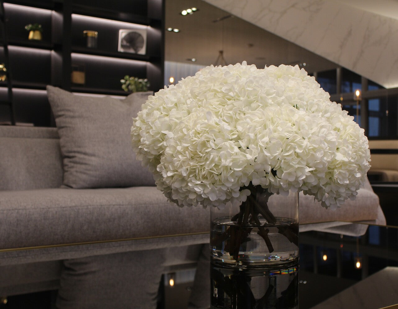 White Hydrangea Bouquet in clear glass cylinder vase