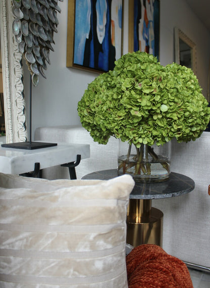 Green Hydrangea Bouquet in clear glass cylinder vase