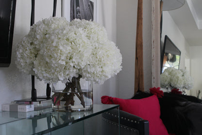 White Hydrangea Bouquet in clear glass cylinder vase