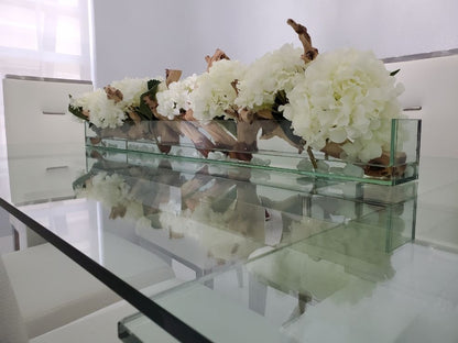 48″ Casa Moderna Glass Plate Planter with white Hydrangeas and Driftwood