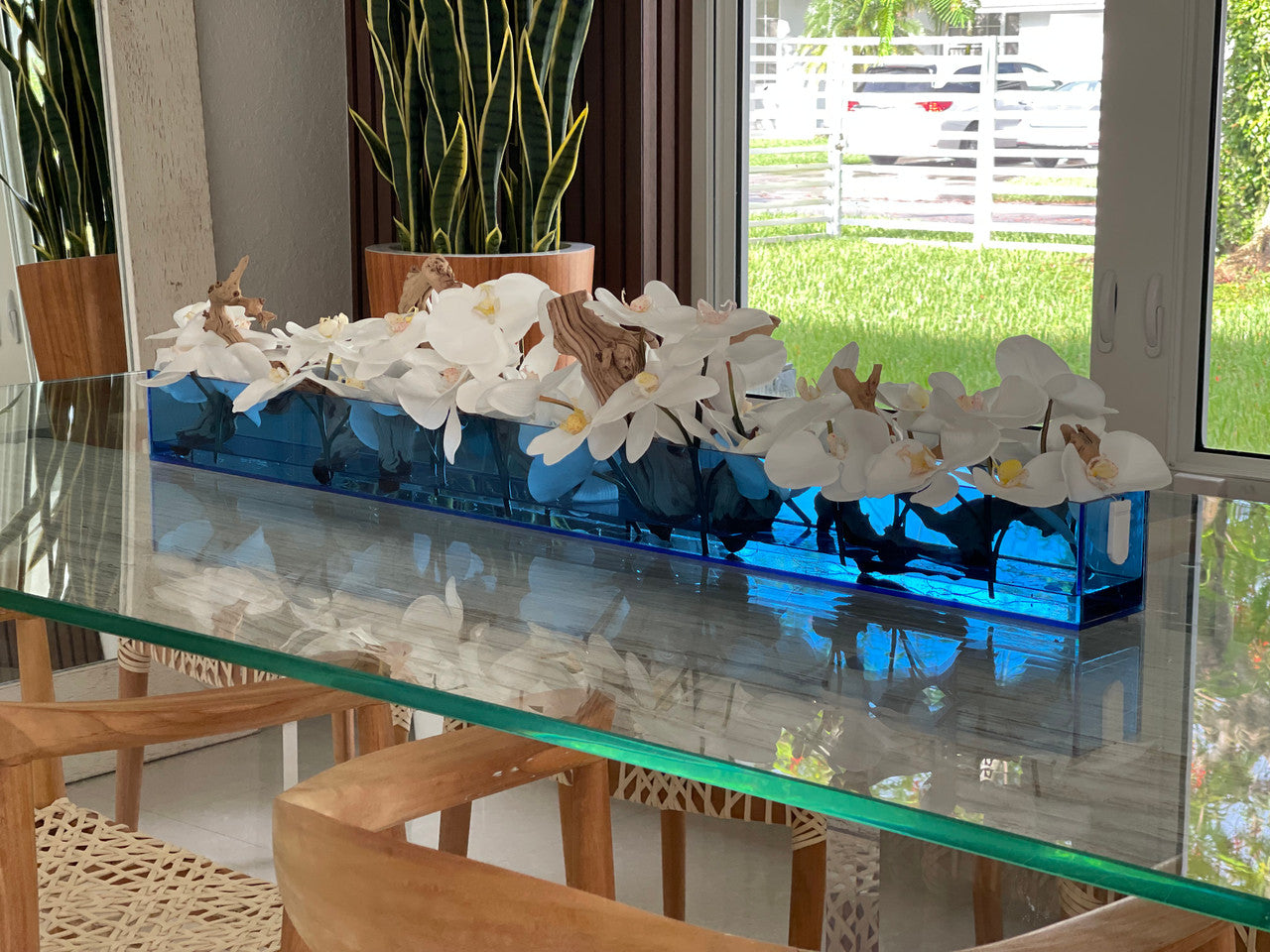 48″ Casa Moderna Blue Acrylic Planter with White Orchids and Driftwood