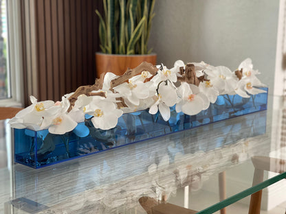 48″ Casa Moderna Blue Acrylic Planter with White Orchids and Driftwood