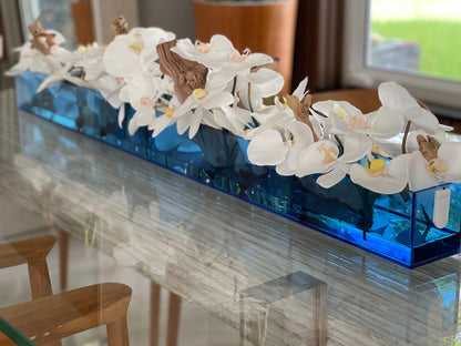 48″ Casa Moderna Blue Acrylic Planter with White Orchids and Driftwood