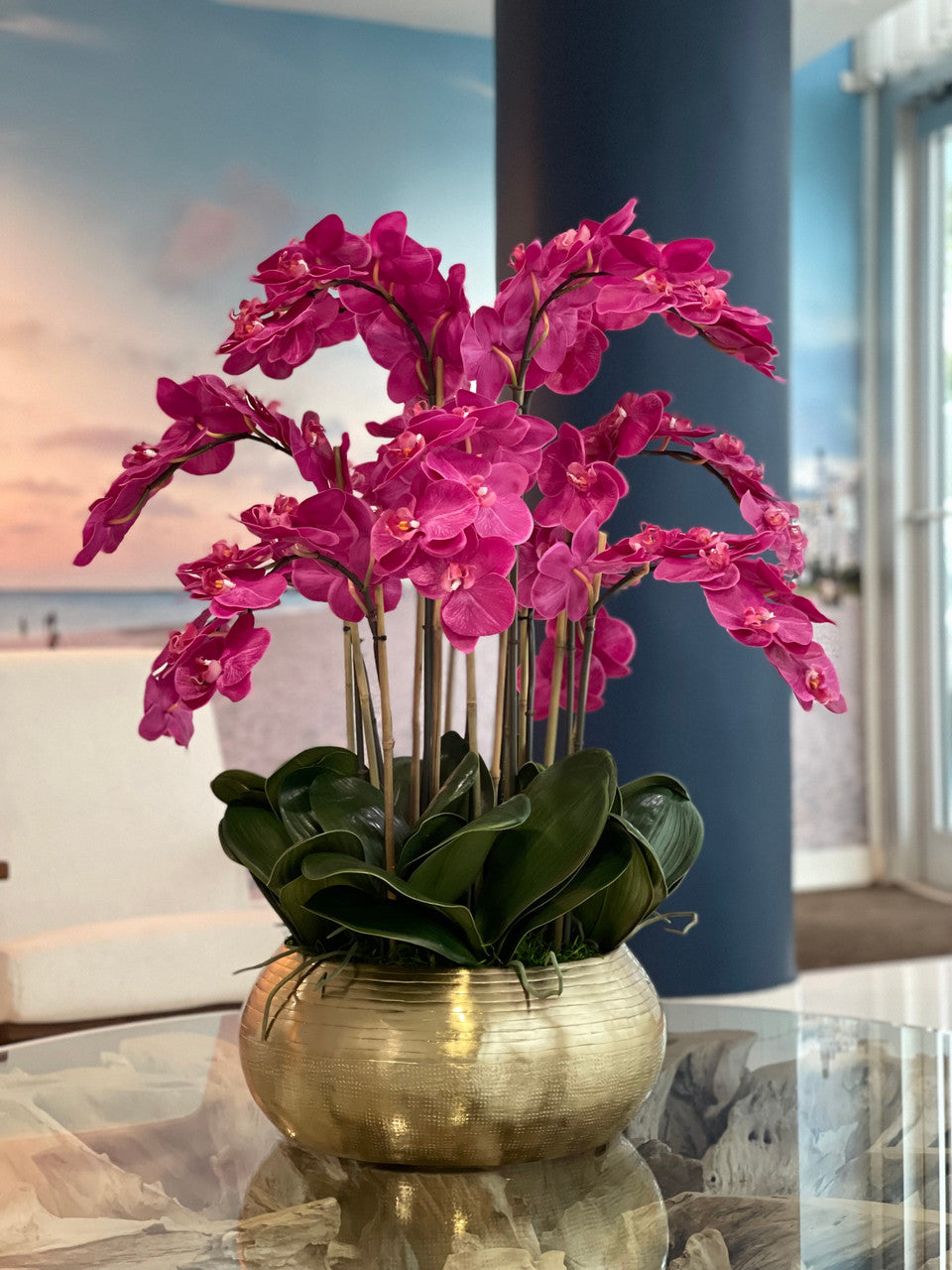 Pink Phalaenopsis Orchids In Gold Metal Bowie Bowl(Out of Stock)