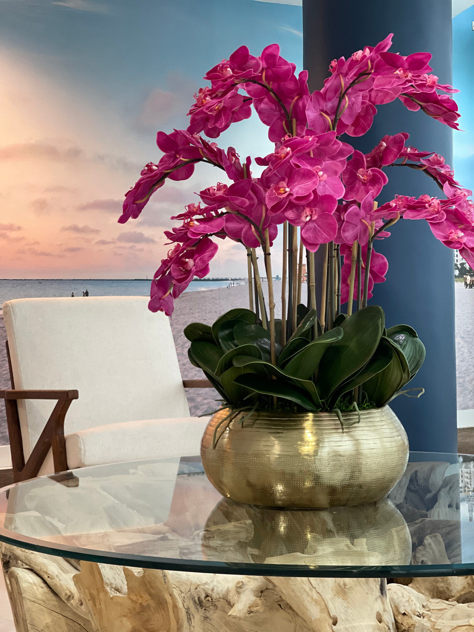 Pink Phalaenopsis Orchids In Gold Metal Bowie Bowl(Out of Stock)