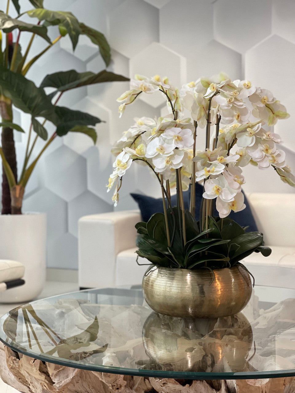 White Phalaenopsis Orchids In Gold Metal Bowie Bowl