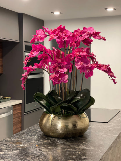 Pink Phalaenopsis Orchids In Gold Metal Bowie Bowl(Out of Stock)