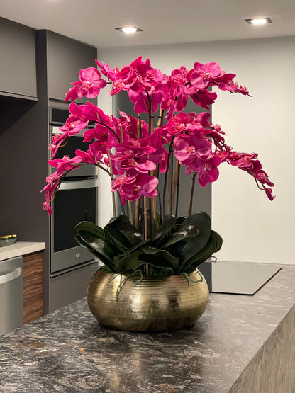 Pink Phalaenopsis Orchids In Gold Metal Bowie Bowl(Out of Stock)