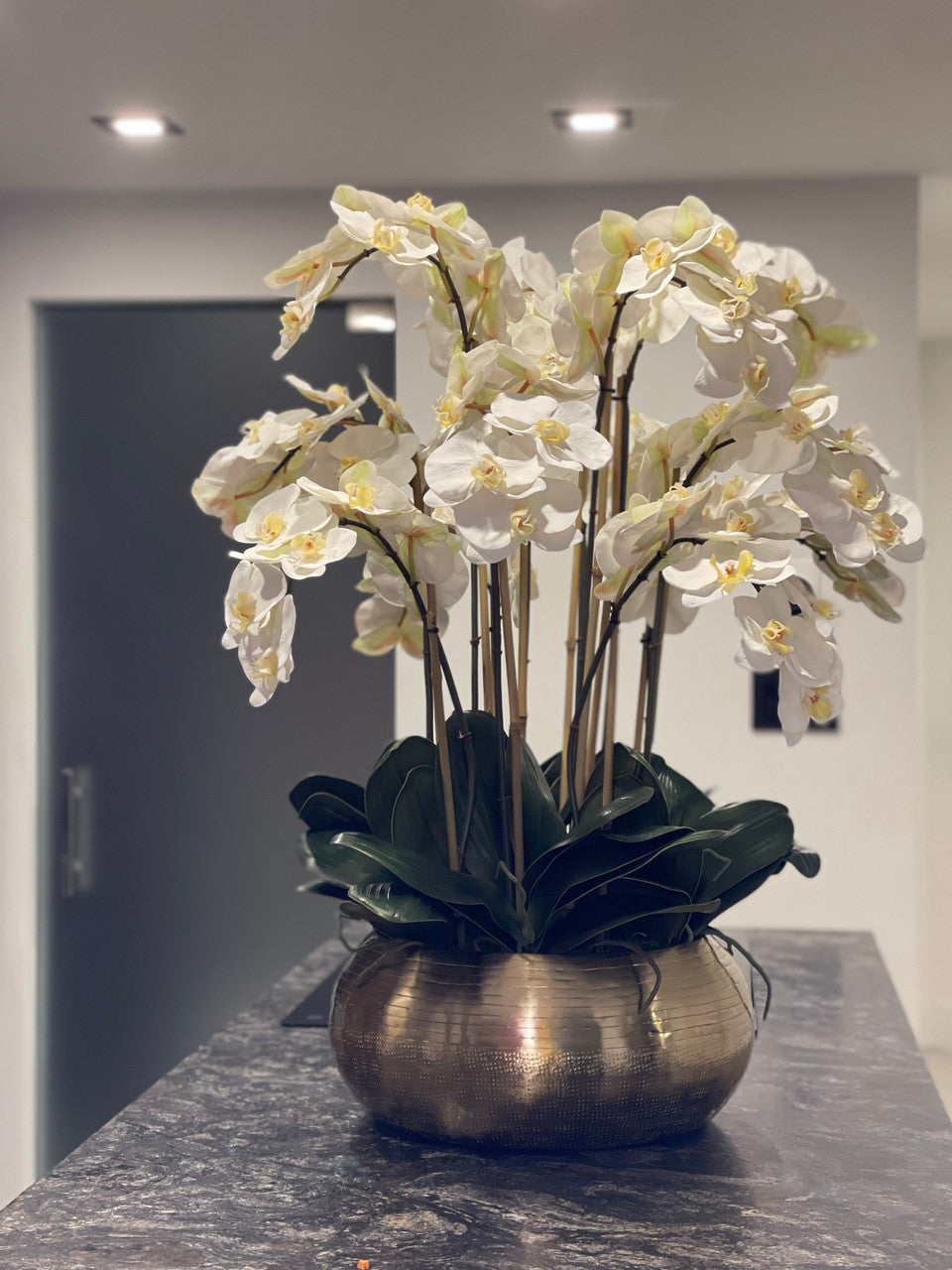 White Phalaenopsis Orchids In Gold Metal Bowie Bowl