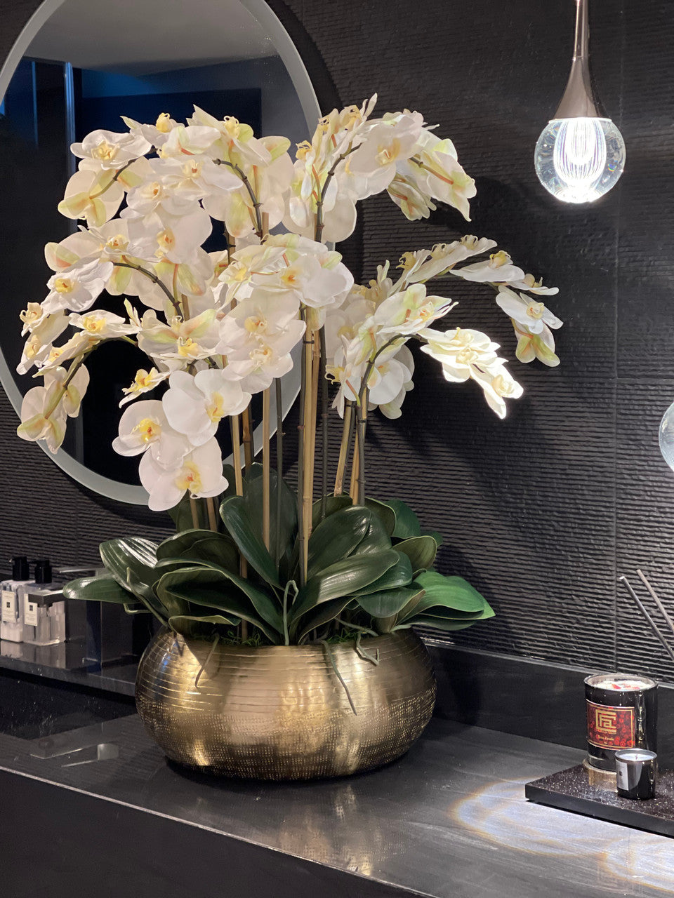 White Phalaenopsis Orchids In Gold Metal Bowie Bowl