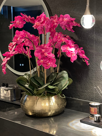 Pink Phalaenopsis Orchids In Gold Metal Bowie Bowl(Out of Stock)