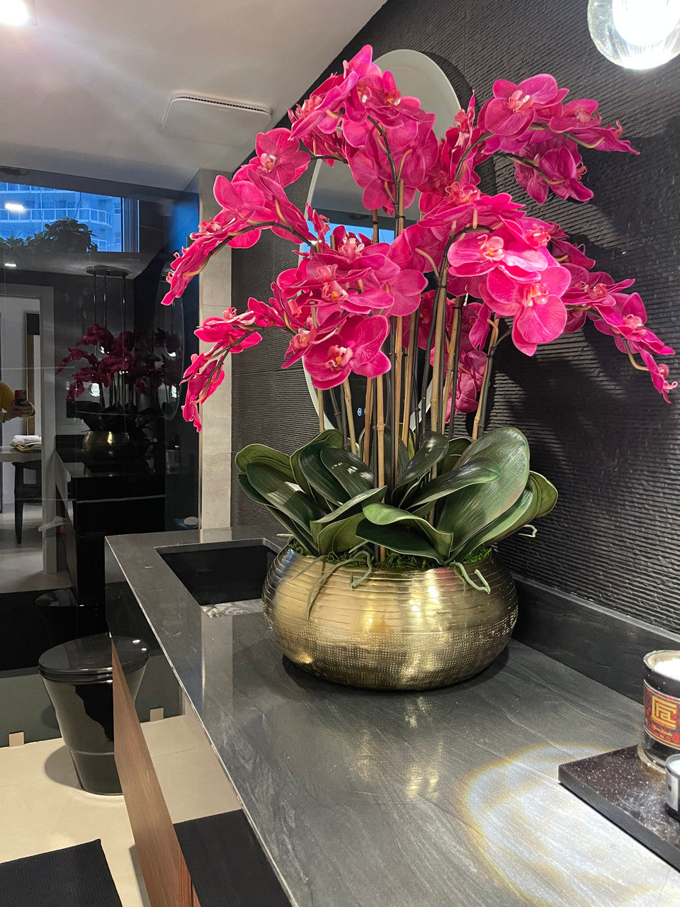 Pink Phalaenopsis Orchids In Gold Metal Bowie Bowl(Out of Stock)