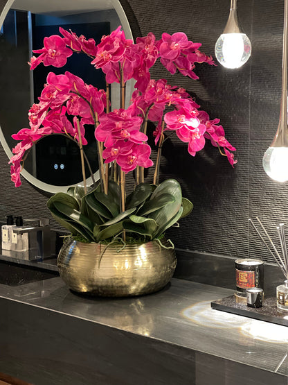 Pink Phalaenopsis Orchids In Gold Metal Bowie Bowl(Out of Stock)