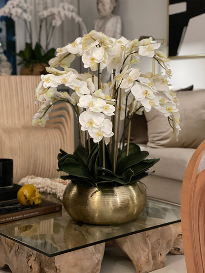 White Phalaenopsis Orchids In Gold Metal Bowie Bowl