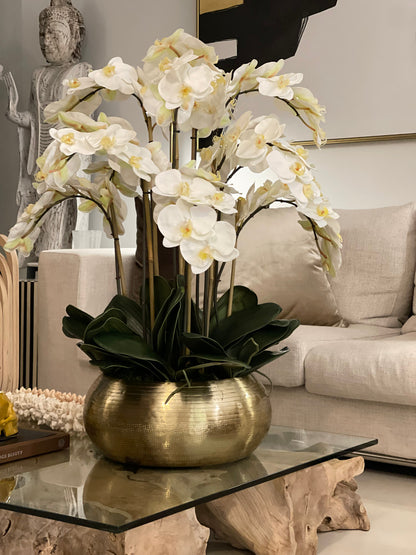 White Phalaenopsis Orchids In Gold Metal Bowie Bowl