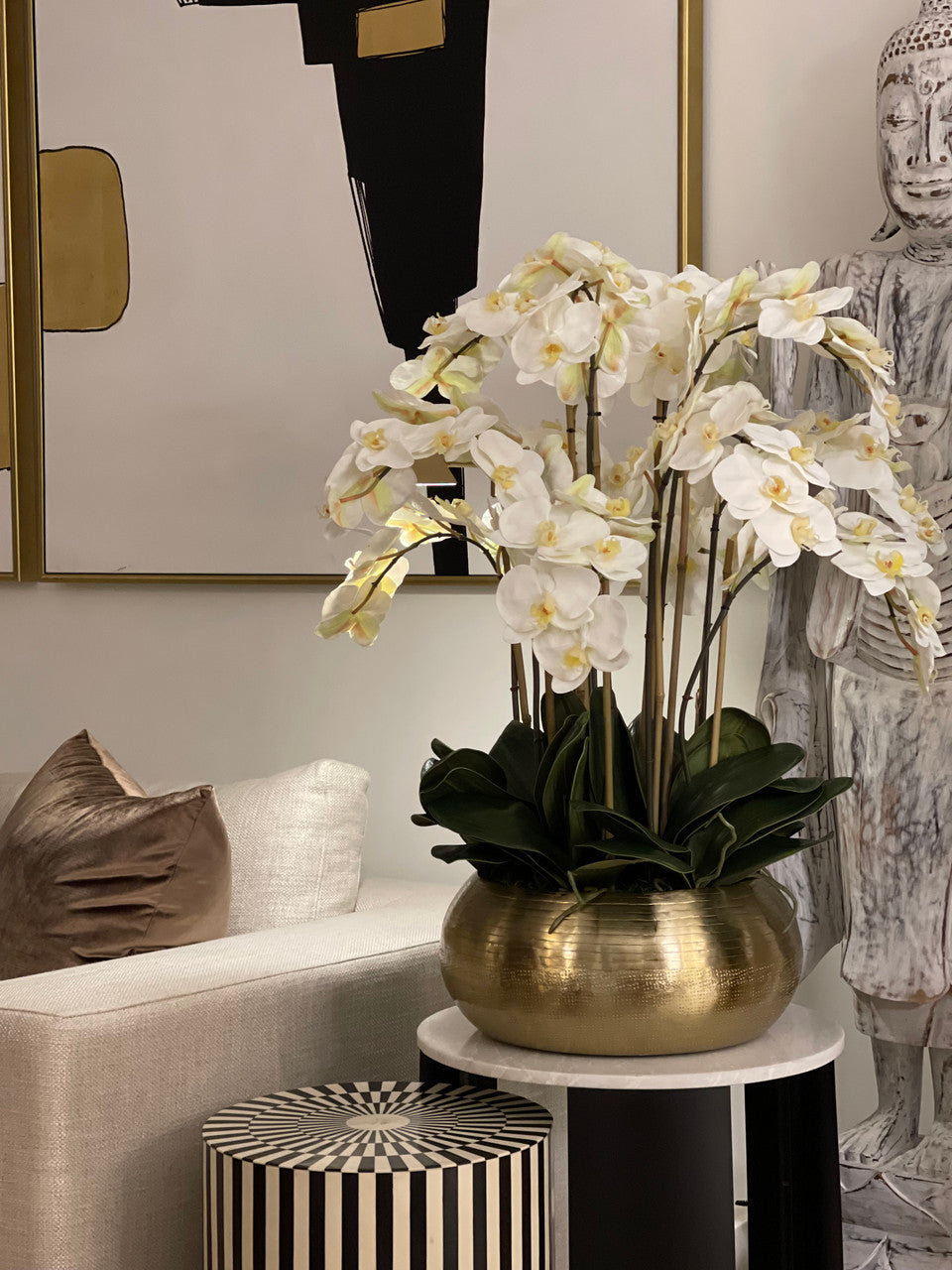 White Phalaenopsis Orchids In Gold Metal Bowie Bowl