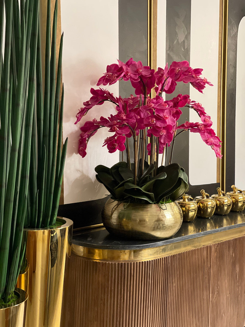 Pink Phalaenopsis Orchids In Gold Metal Bowie Bowl(Out of Stock)